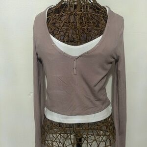 Layered Ribbed Long-Sleeve Top in Mauve with Built-In Cami